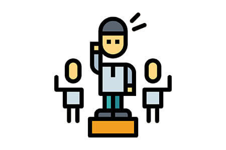illustration of person with their hand up on a pedestal. two people are behind them.
