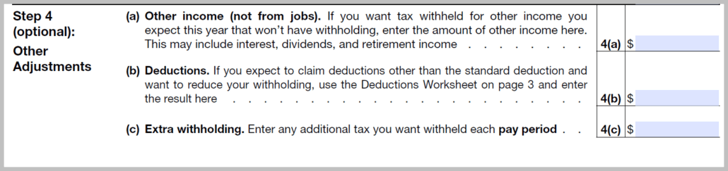 step 4 on w-4 form for optional other adjustments such as other income, deductions, and extra withholding