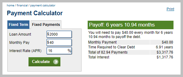 payment calculator screenshot showing details of a payment plan over 6 years and 10.94 months