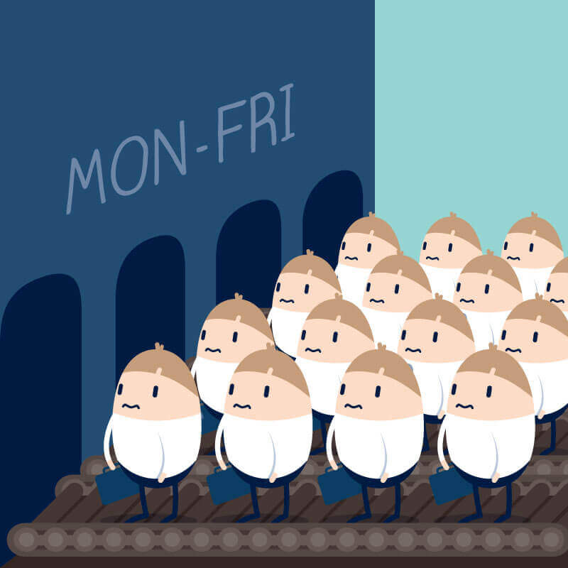 Illustration of workers waiting to go to work in front of Mon-Fri sign