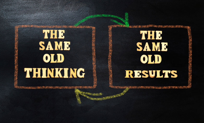 phrase ‘the same old thinking’ with arrow to ‘the same old results’ with arrow back to ‘the same old thinking’